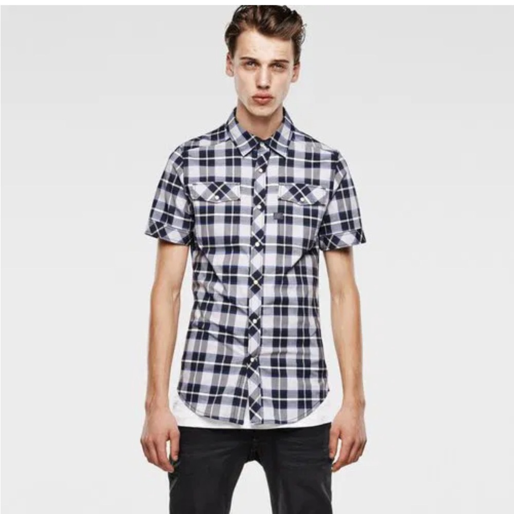 G-Star Men's Navy and White Plaid Shirt